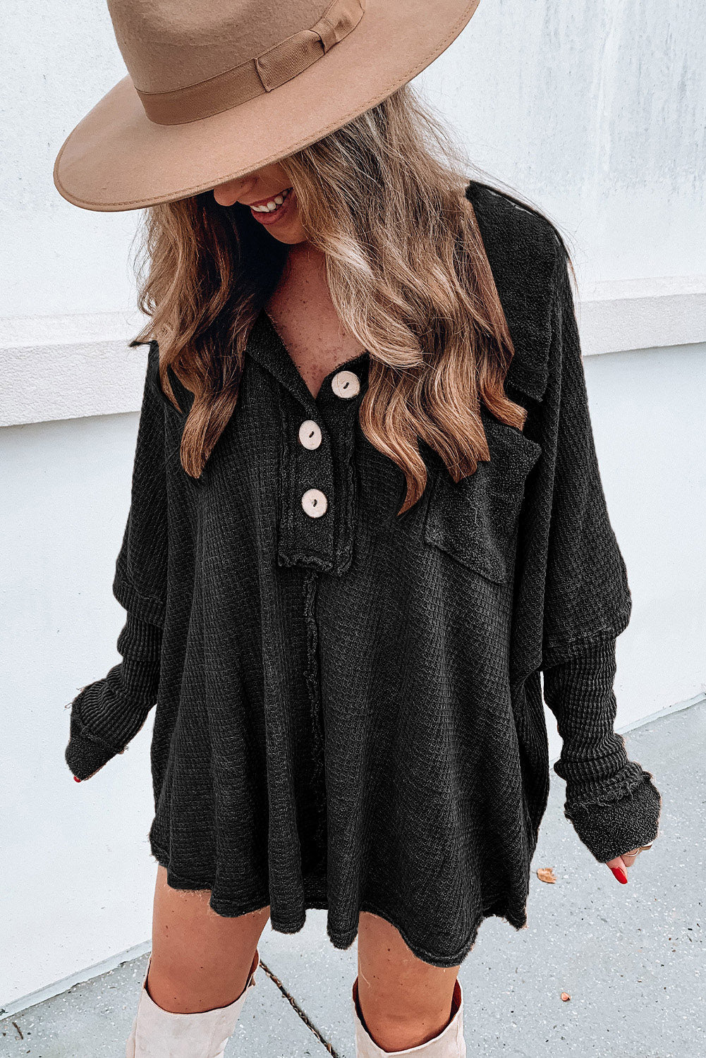 Waffle Knit Buttoned Long Sleeve Top with Breast Pocket