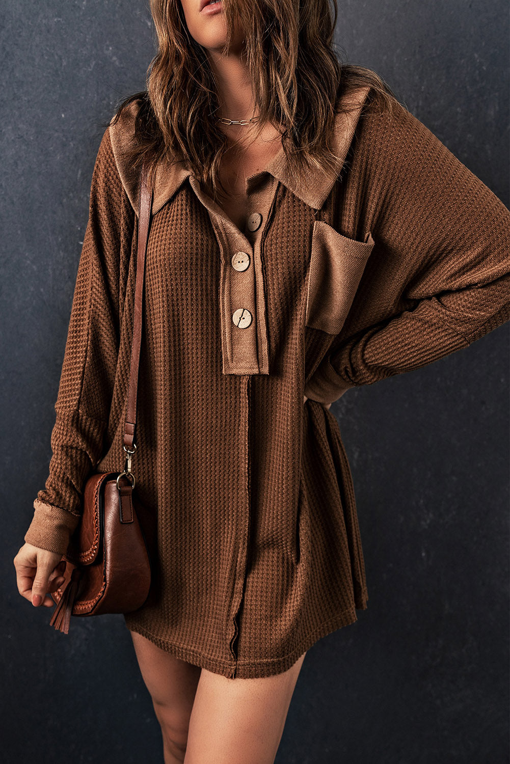 Waffle Knit Buttoned Long Sleeve Top with Breast Pocket