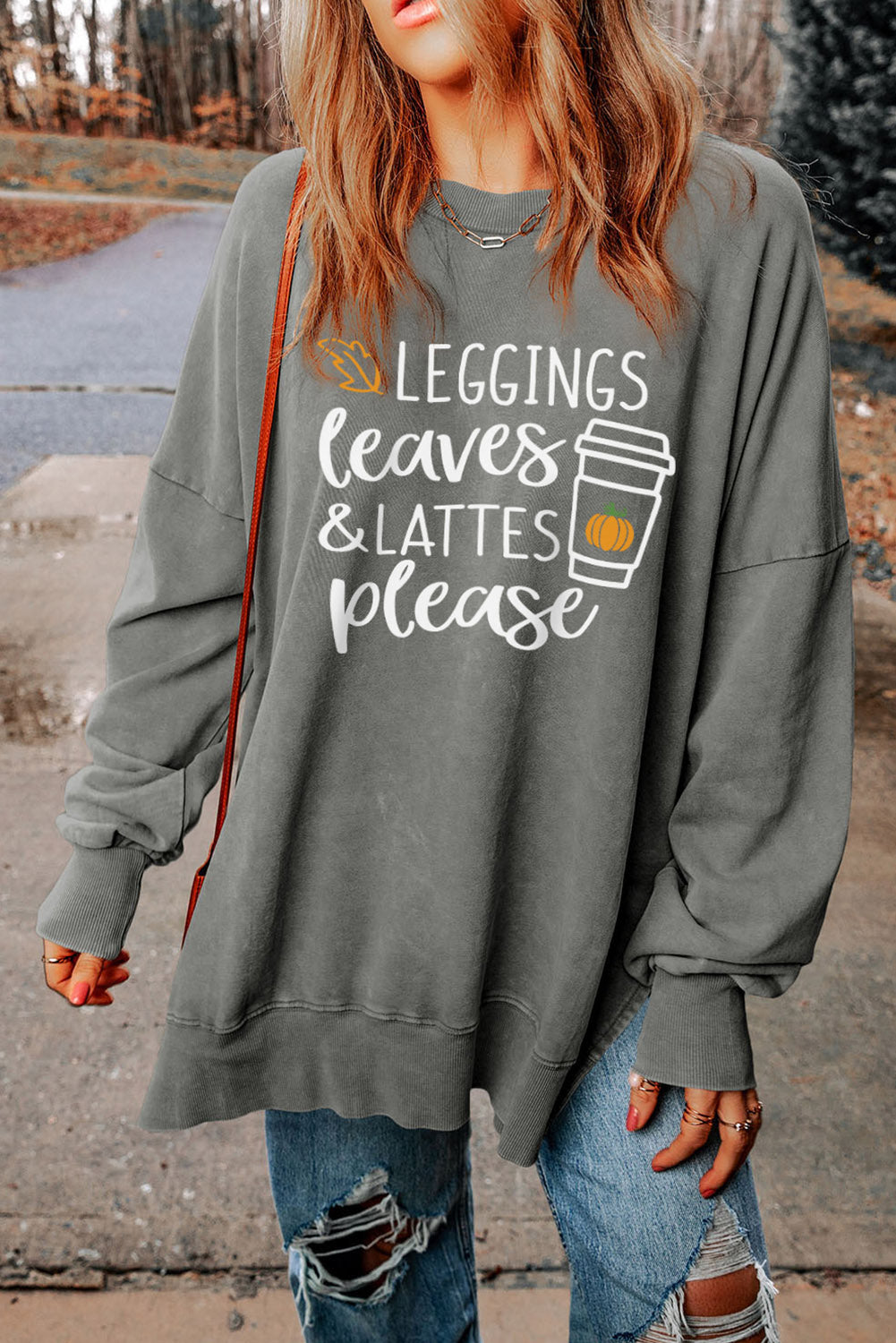 Sudadera con estampado de cuello redondo y hombros caídos LEGGINGS LEAVES LATTES PLEASE