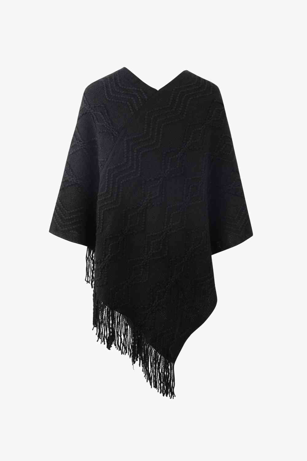 Pearl Trim V-Neck Fringe Hem Poncho